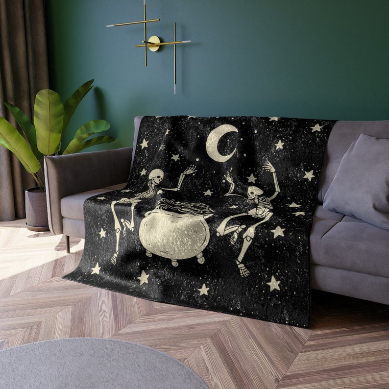 Dancing Skeletons, Skeleton Blanket, Halloween Blanket, Spooky Blankets, Dark Aesthetic Decor, Fall Crushed Velvet Throw, Celestial Throw image 2