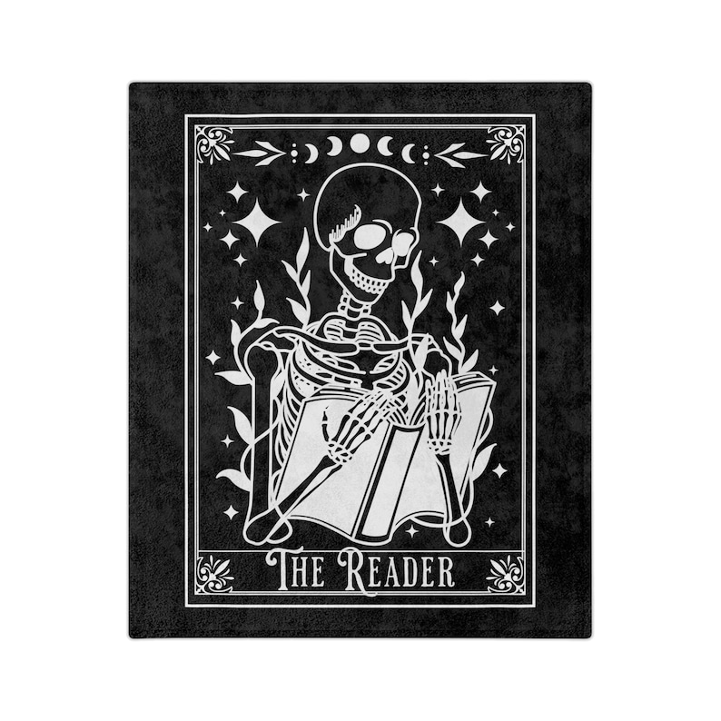 The Reader Tarot Blanket, Bookish Halloween Blanket, Reading Skeleton Throw, Reading Nook Gifts, Librarian Gits, Witchy Blankets, Read Throw image 3