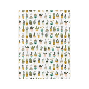 May include: A white background with a repeating pattern of potted plants in various shades of green, yellow, and pink. The plants are in different shapes and sizes, and some have hanging vines.