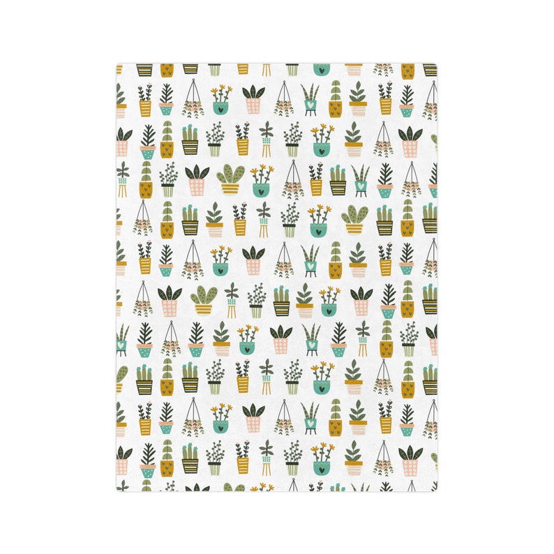 May include: A white background with a repeating pattern of potted plants in various shades of green, yellow, and pink. The plants are in different shapes and sizes, and some have hanging vines.
