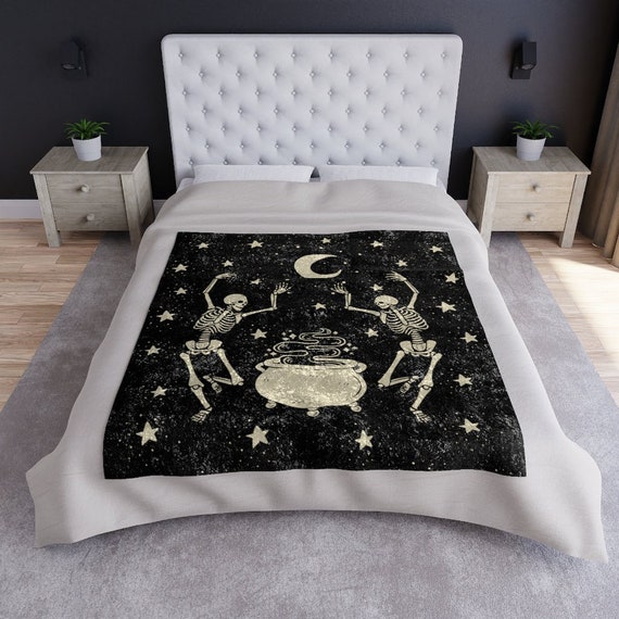Dancing Skeletons, Skeleton Blanket, Halloween Blanket, Spooky Blankets, Dark Aesthetic Decor, Fall Crushed Velvet Throw, Celestial Throw