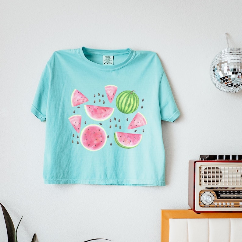 May include: A light blue t-shirt featuring a watercolor design of watermelon slices and a whole watermelon. The design includes pink watermelon slices with black seeds and a green watermelon with dark green stripes. The shirt is hanging on a white wall.