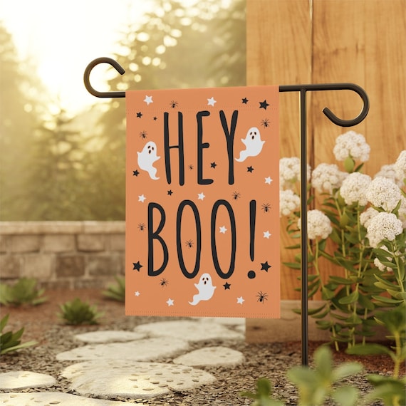 Hey Boo Garden Flag, Ghost Garden Flag, Halloween House Banner, Fall Yard Flag, Creepy Cute Garden Flag, Spooky Garden Decor, Pastel Goth