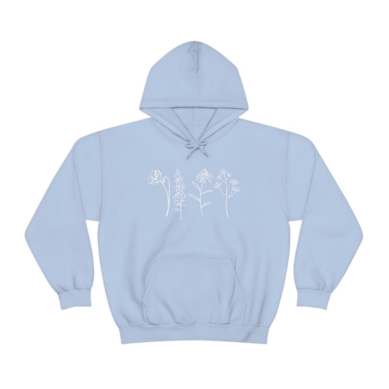 Wildflower Hoodie, Flower Hoodie, Nature Hoodie, Cottagecore Clothing, Floral Hoodie, Botanical Hoodie, Spring Hooded Sweatshirt, Boho Gift Light Blue