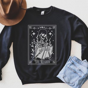 The Reader Tarot Sweatshirt, Bookish Sweatshirt, Reading Sweatshirt, Reading Skeleton Sweatshirt, Book Halloween Sweatshirt, Death By TBR