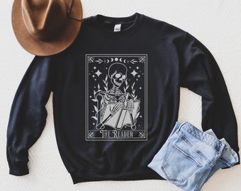 The Reader Tarot Sweatshirt, Bookish Sweatshirt, Reading Sweatshirt, Reading Skeleton Sweatshirt, Book Halloween Sweatshirt, Death By TBR