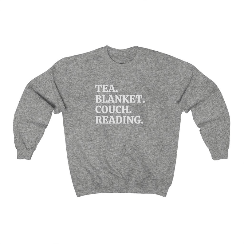 Tea Blanket Couch Reading, Reading Sweatshirt, Funny Bookish Gift, Book Lover Sweatshirt, Librarian Crewnecks, Literature Sweatshirt Sport Grey