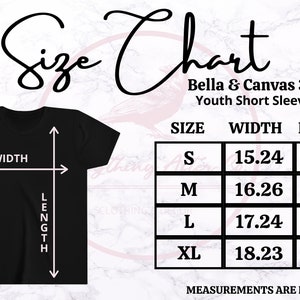 Puede incluir: Camiseta negra de manga corta para j&oacute;venes con una tabla de tallas. La tabla muestra las medidas en pulgadas para las tallas S, M, L y XL. Las medidas de ancho var&iacute;an de 38,7 cm a 46,3 cm, y las de largo de 53 cm a 61,9 cm.
