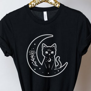 Witch Cat Shirt, Celestial Shirt, Cat And Moon Shirt, Cute Goth Shirt, Crescent Moon Top, Witchy Aesthetic Clothes, Mystical Shirt, Cat Gift image 1