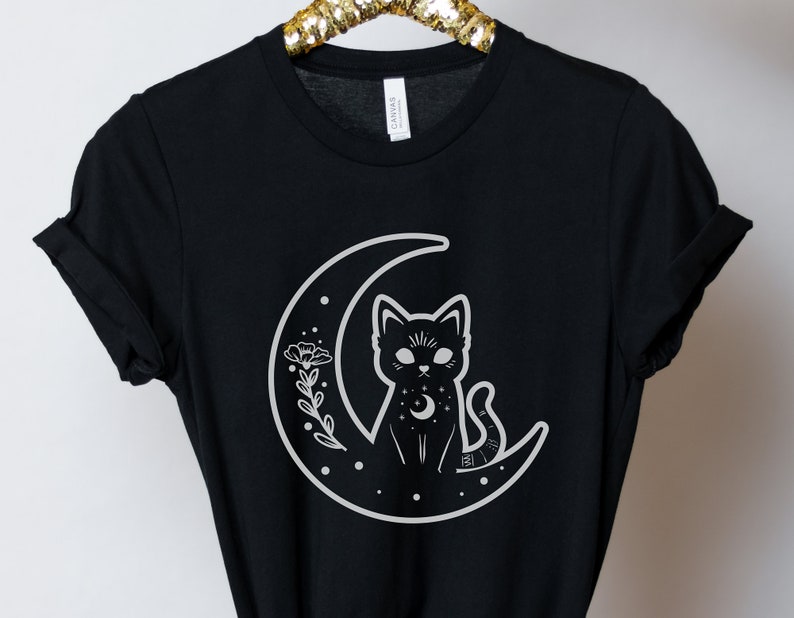 Witch Cat Shirt, Celestial Shirt, Cat And Moon Shirt, Cute Goth Shirt, Crescent Moon Top, Witchy Aesthetic Clothes, Mystical Shirt, Cat Gift image 1