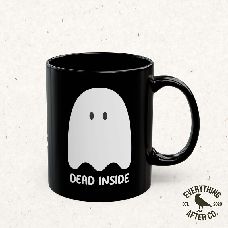 Taza "Muerto por dentro", taza de café fantasma, taza divertida de Halloween, taza de humor negro, taza de nihilismo, tazas de temporada espeluznante, taza de otoño, tazas de café emo imagen 6
