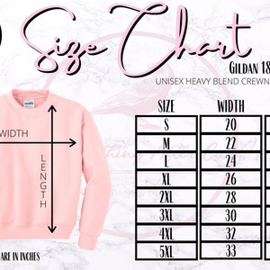 K&ouml;nnte beinhalten: Gr&ouml;&szlig;entabelle f&uuml;r ein Gildan 18000 Unisex Heavy Blend Crewneck Sweatshirt. Die Tabelle zeigt die Breite und L&auml;nge in Zoll f&uuml;r die Gr&ouml;&szlig;en S bis 5XL.