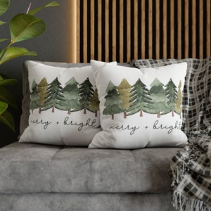 Merry and Bright Pillow, Christmas Pillow, Winter Decor For Home, Pine Trees Pillow, Forest Throw Pillow, Cute Cabin Gift, Holiday Pillow