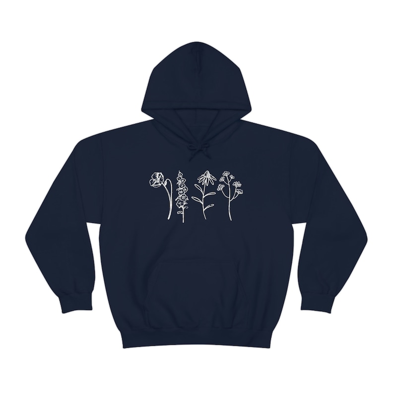 Wildflower Hoodie, Flower Hoodie, Nature Hoodie, Cottagecore Clothing, Floral Hoodie, Botanical Hoodie, Spring Hooded Sweatshirt, Boho Gift Navy
