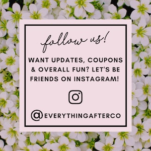 May include: A square graphic with the text "follow us!" and an invitation to connect on Instagram for updates and coupons. The Instagram handle is @EVERYTHINGAFTERCO. The background is a field of white flowers.