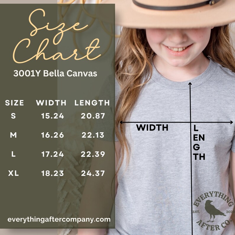 Puede incluir: Tabla de tallas para una camiseta Bella Canvas 3001Y, que muestra las medidas de ancho y largo en pulgadas para las tallas S, M, L y XL. La tabla est&aacute; sobre un fondo verde con el texto "Size Chart" y "3001Y Bella Canvas" en blanco.