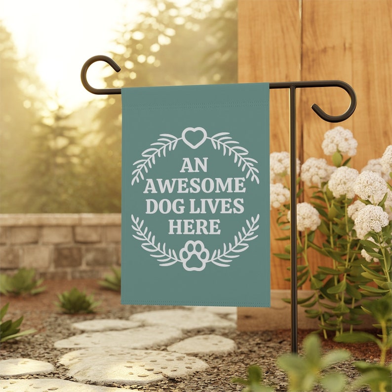 An Awesome Dog Lives Here, Dog Garden Flag, Pet Owner Gifts, Dog Porch Decor, Dog Themed Decor, Funny Dog Yard Flags, Dog Lover Banner 12'' × 18''