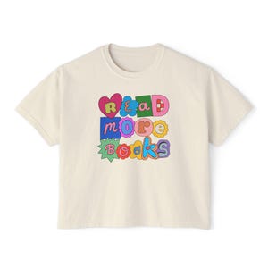 Read More Books Boxy Crop Top, Bookish Crop Top, Magazine Letters Reading Boxy Tee, Scrapbook Cutouts Reader Shirt, Book Lover Gifts Ivory