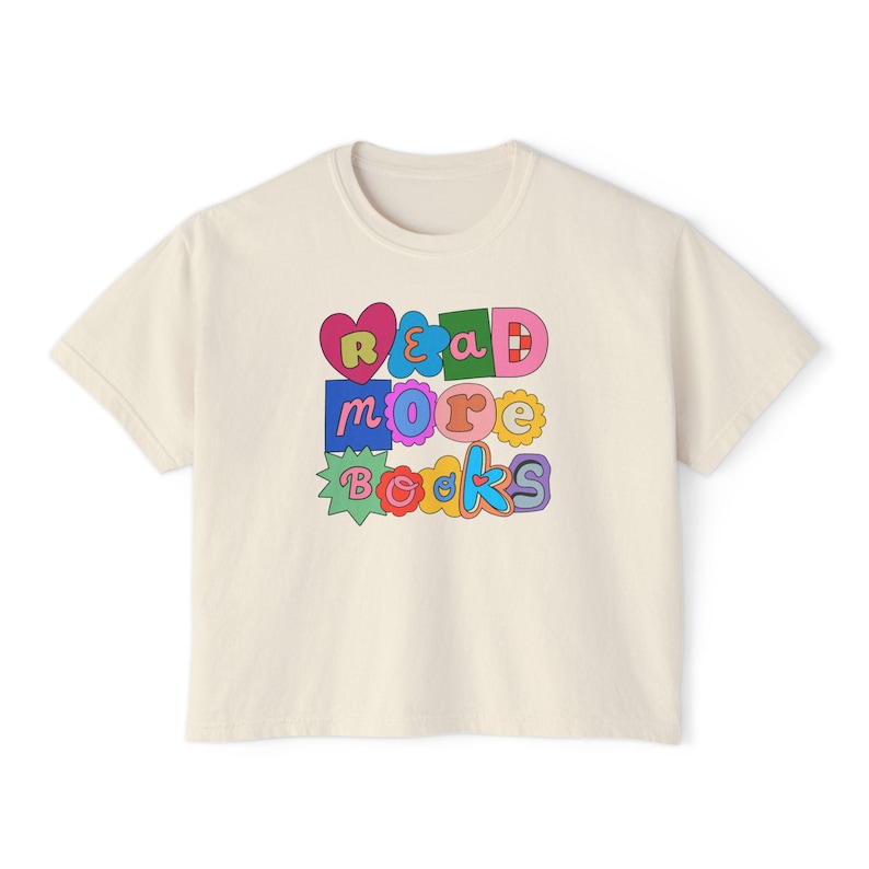 Read More Books Boxy Crop Top, Bookish Crop Top, Magazine Letters Reading Boxy Tee, Scrapbook Cutouts Reader Shirt, Book Lover Gifts Ivory