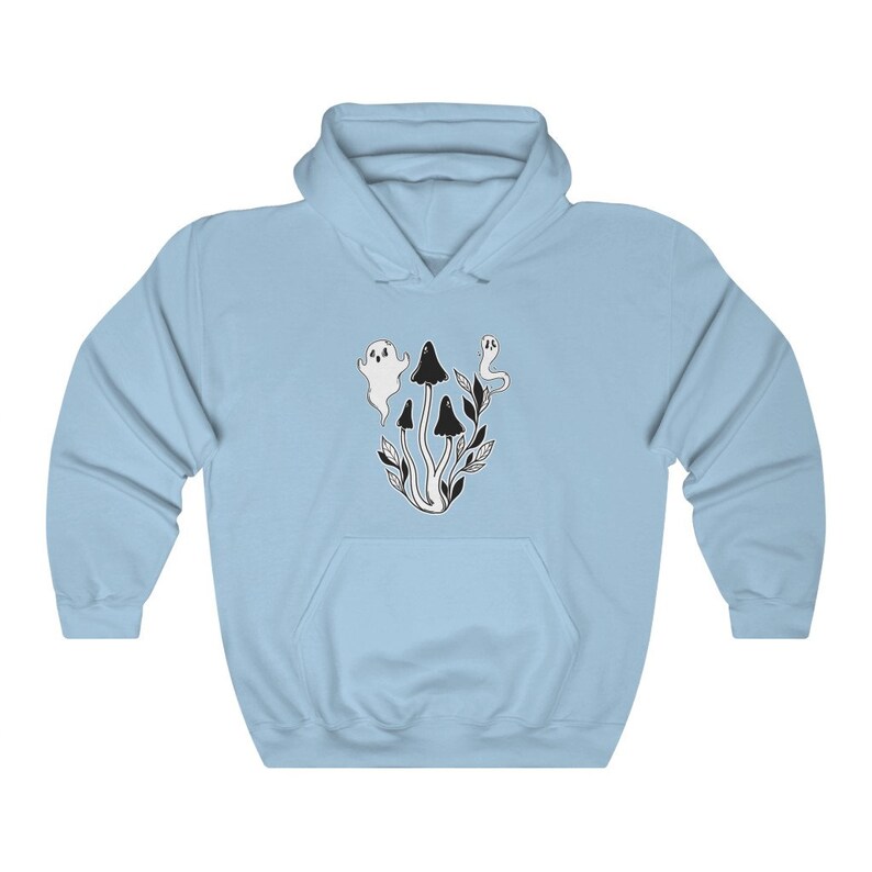 May include: A light blue hoodie with a black and white illustration of mushrooms and ghosts. The illustration is centered on the front of the hoodie.