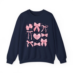 Pink Bows Sweatshirt, Coquette Clothing, Balletcore Sweatshirt, Soft Girl Aesthetic, Ribbon Crewneck, Girly Gifts, Preppy Stuff, Feminine Navy