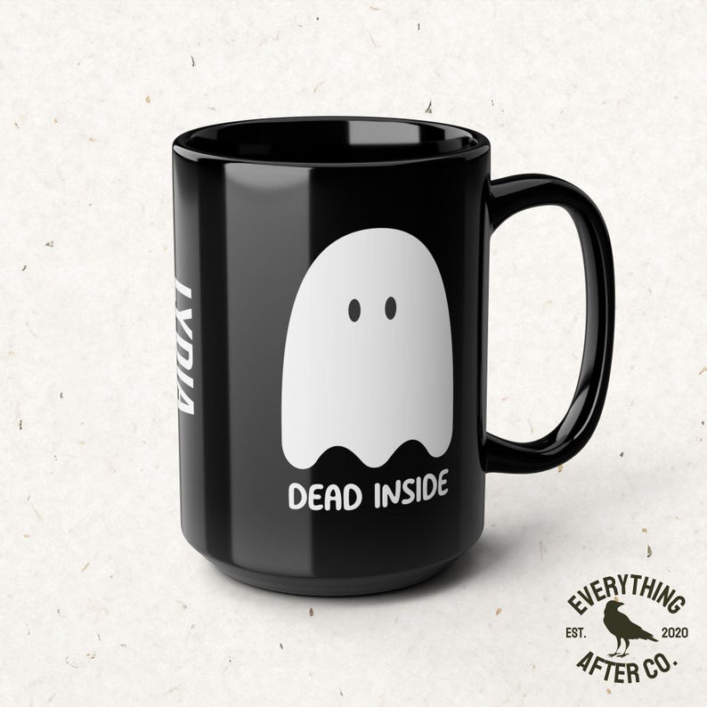 Taza "Muerto por dentro", taza de café fantasma, taza divertida de Halloween, taza de humor negro, taza de nihilismo, tazas de temporada espeluznante, taza de otoño, tazas de café emo imagen 4