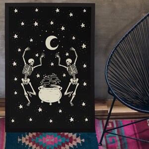 Dancing Skeletons Poster, Skeleton Poster, Mystical Post, Halloween Wall Print, Dark Aesthetic Wall Art, Witchy Poster, Celestial Home Decor image 1