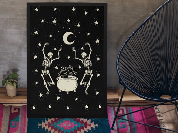 Dancing Skeletons Poster, Skeleton Poster, Mystical Post, Halloween Wall Print, Dark Aesthetic Wall Art, Witchy Poster, Celestial Home Decor