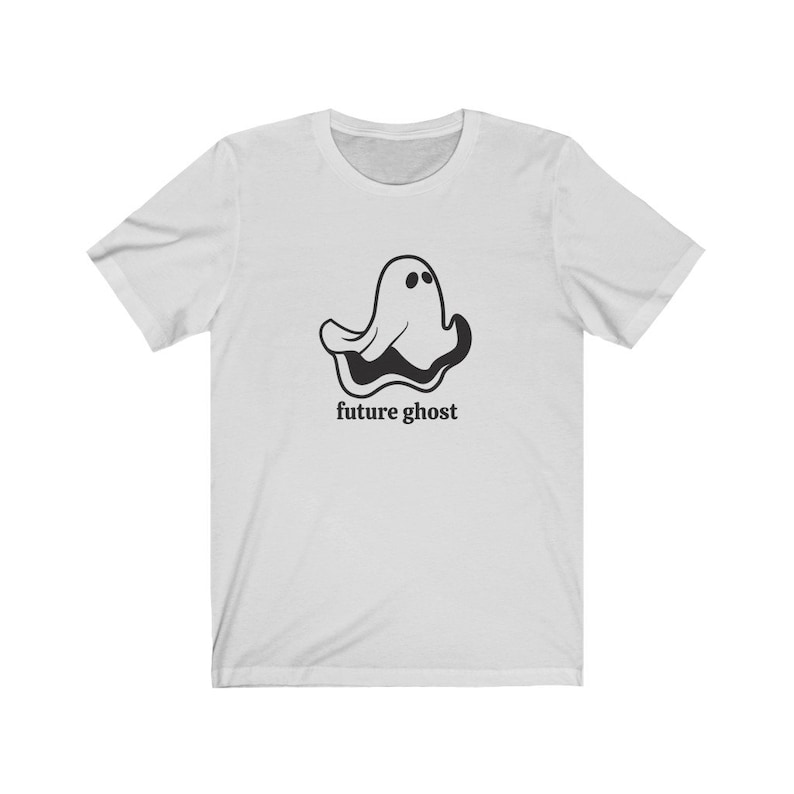 May include: White t-shirt with a black cartoon ghost and the text "future ghost" printed on the front.