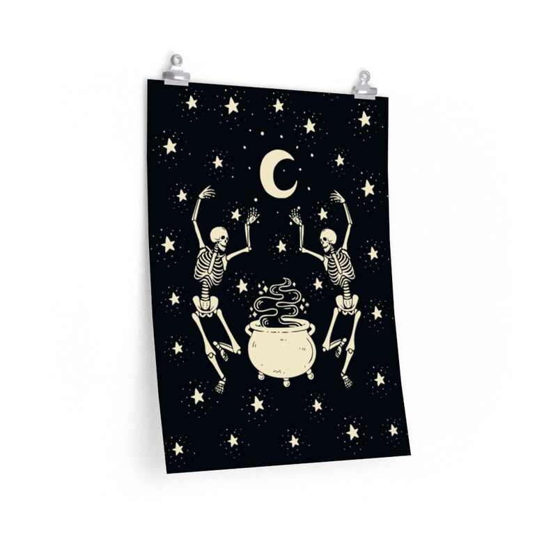 Dancing Skeletons Poster, Skeleton Poster, Mystical Post, Halloween Wall Print, Dark Aesthetic Wall Art, Witchy Poster, Celestial Home Decor 11″ × 14″