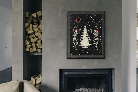 Dancing Skeleton Christmas Poster, Goth Christmas Decor, Dark Aesthetic Poster, Skeletons Poster, Witchy Christmas Gifts, Gothic Holiday Art