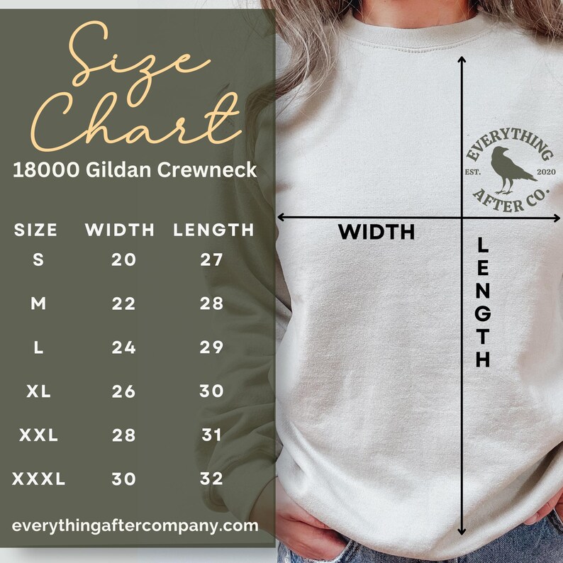Może przedstawiać: Tabela rozmiar&oacute;w dla bluzy 18000 Gildan Crewneck, z wymiarami w calach. Tabela zawiera rozmiary od S do XXXL, z odpowiednimi wymiarami szerokości i długości. Bluza ma małe logo w prawym g&oacute;rnym rogu. Widoczna jest strona internetowa everythingaftercompany.com.