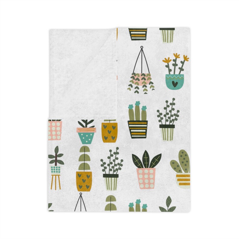 May include: A white background with a repeating pattern of potted plants. The plants are in various colours and styles, including cacti, succulents, and leafy plants. Some of the plants are hanging from the ceiling.