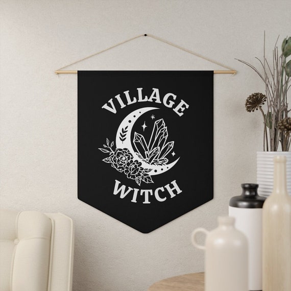 Village Witch, Witch Wall Hanging, Dark Aesthetic Decor, Witchy Wall Banner, Halloween Pennant, Celestial Witch, Boho Halloween Decor, Coven
