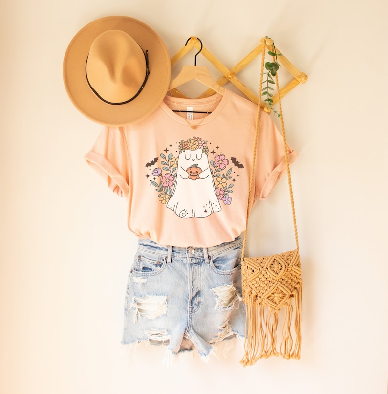 Floral Ghost Shirt, Fall Apparel, Autumn Shirt, Pumpkin Season Shirt, Spooky Cute Shirt, Flowers Ghost Shirt, Cottagecore Halloween Clothing Heather Peach