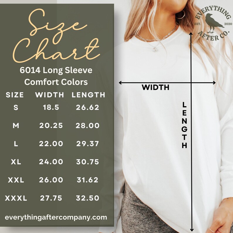 Puede incluir: Tabla de tallas para una camisa de manga larga en colores c&oacute;modos. La tabla muestra las medidas de ancho y largo en pulgadas para las tallas S, M, L, XL, XXL y XXXL.