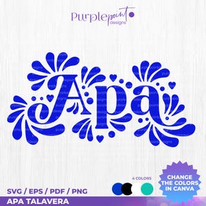 Puede incluir: Un diseño gráfico digital azul que presenta la palabra Apa en una fuente estilizada, rodeada de remolinos decorativos inspirados en flores y pequeñas formas de corazón. El texto Purplepoint designs aparece en la parte superior, con los formatos de archivo listados debajo.