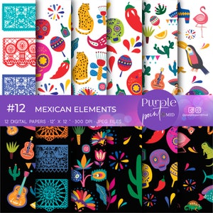 Puede incluir: Doce diseños de papel digital con coloridos elementos mexicanos, incluyendo flores, calaveras, instrumentos musicales, animales y patrones tradicionales. Los papeles son de 30,48 cm x 30,48 cm y 300 DPI.