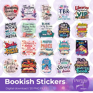 20 Book Lover Designs, Digital PNG Transparent + Black Outline, Instant Download, Bookish Stickers, Planner Stickers, BookLover, PNG desig