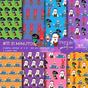 Puede incluir: Conjunto de papeles digitales con patrones repetidos de personajes de dibujos animados sobre fondos de colores variados. Los patrones incluyen un conejo con gafas, una persona con auriculares y una figura de pájaro. El texto dice "#11 31 MINUTOS".