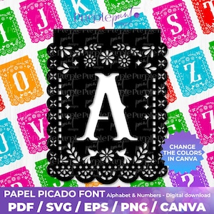 Alphabet Papel picado SVG, Papel Picado Font Svg, Papel Picado Banner, Mexican Banner, Canva template, Instant Download, cricut svg font