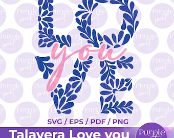 Könnte beinhalten: Ein digitaler Download eines blauen und rosa "Love you" Designs im Talavera-Stil. Die Buchstaben bestehen aus einem sich wiederholenden floralen Muster.