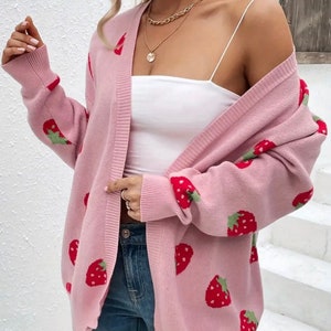 Pink Strawberry Cardigan, Women’s Cardigan, Women Cardigan, Long Cardigan, Knitted Cardigan, Gift for Her, Cardigan Sweater, Womens Jacket