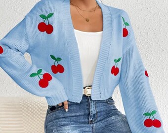 Baby Blue Cherry Cardigan, Women’s Cardigan, Women Cardigan, Long Cardigan, Knitted Cardigan, Gift for Her, Cardigan Sweater, Womens Jacket