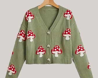 Green Mushroom Cardigan, Women’s Cardigan, Women Cardigan, Long Cardigan, Knitted Cardigan, Gift for Her, Cardigan Sweater, Womens Jacket
