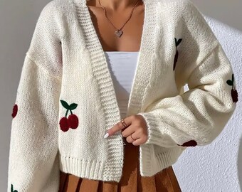 White Cherry Cardigan, Women’s Cardigan, Women Cardigan, Long Cardigan, Knitted Cardigan, Gift for Her, Cardigan Sweater, Womens Jacket