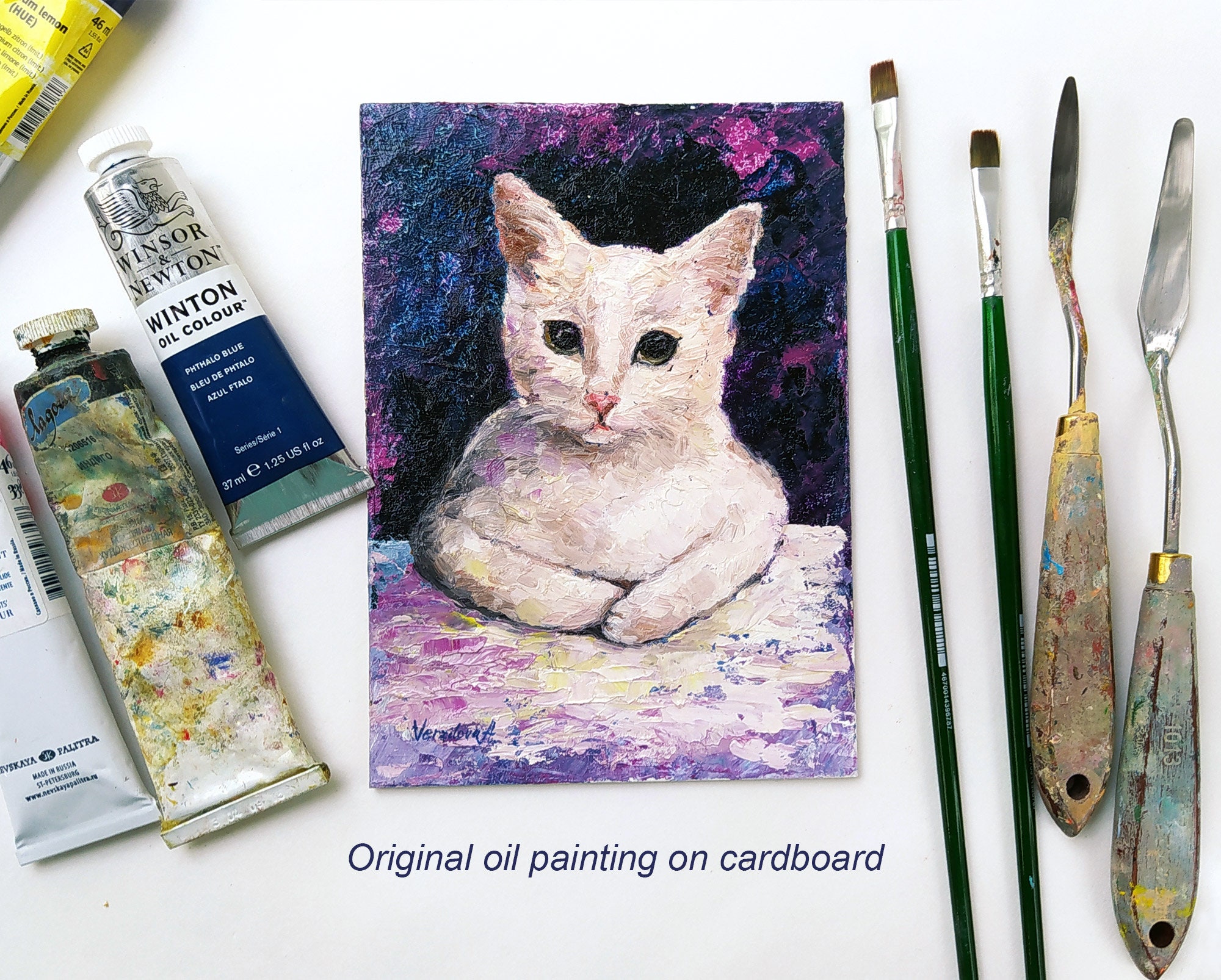 White Kitten Painting Oil Original Art Cat Meme Painting Pet Etsy