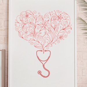 Flower and heart digital art, floral heart with stethoscope, love of medicine, office decor digital download decoration digital artwork