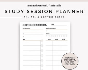 Planificateur de sessions d’étude imprimable | Planificateur d'études | Organisateur étudiant | Gestion du temps | Insérer | Formats A4, A5 et Lettre | Téléchargement instantané