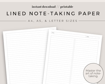 Lined Note-Taking Paper Printable Pack | Note Paper | Printables for Students | Planner Insert | A4, A5 and Letter sizes | Instant Download
